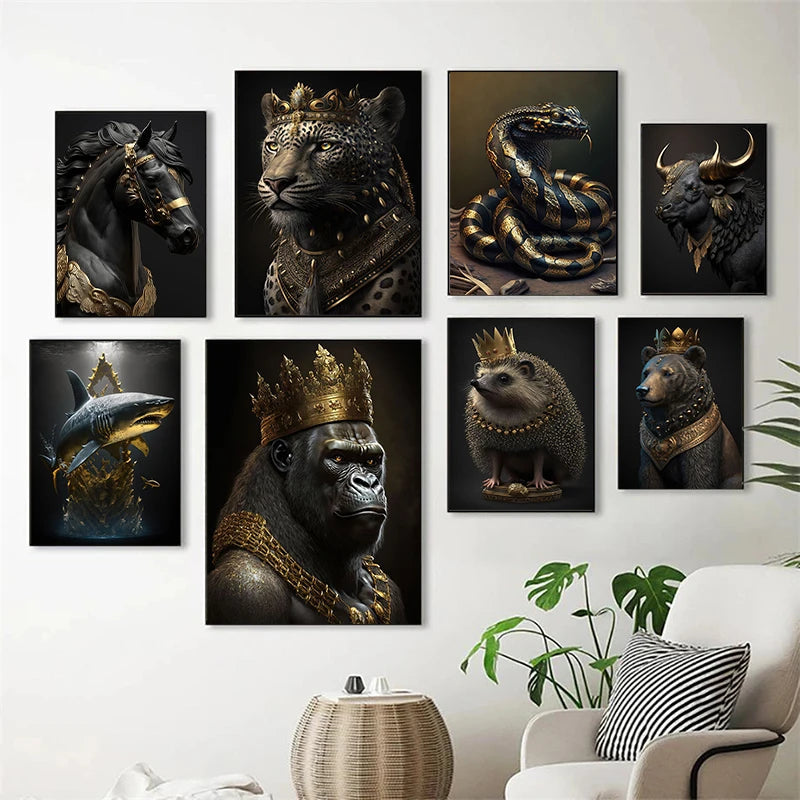 Black And Gold King Animals Monkey Bee Snake Scorpion Lion Canvas Painting Crown Poster Print For Living Room Home Decoration acacuss