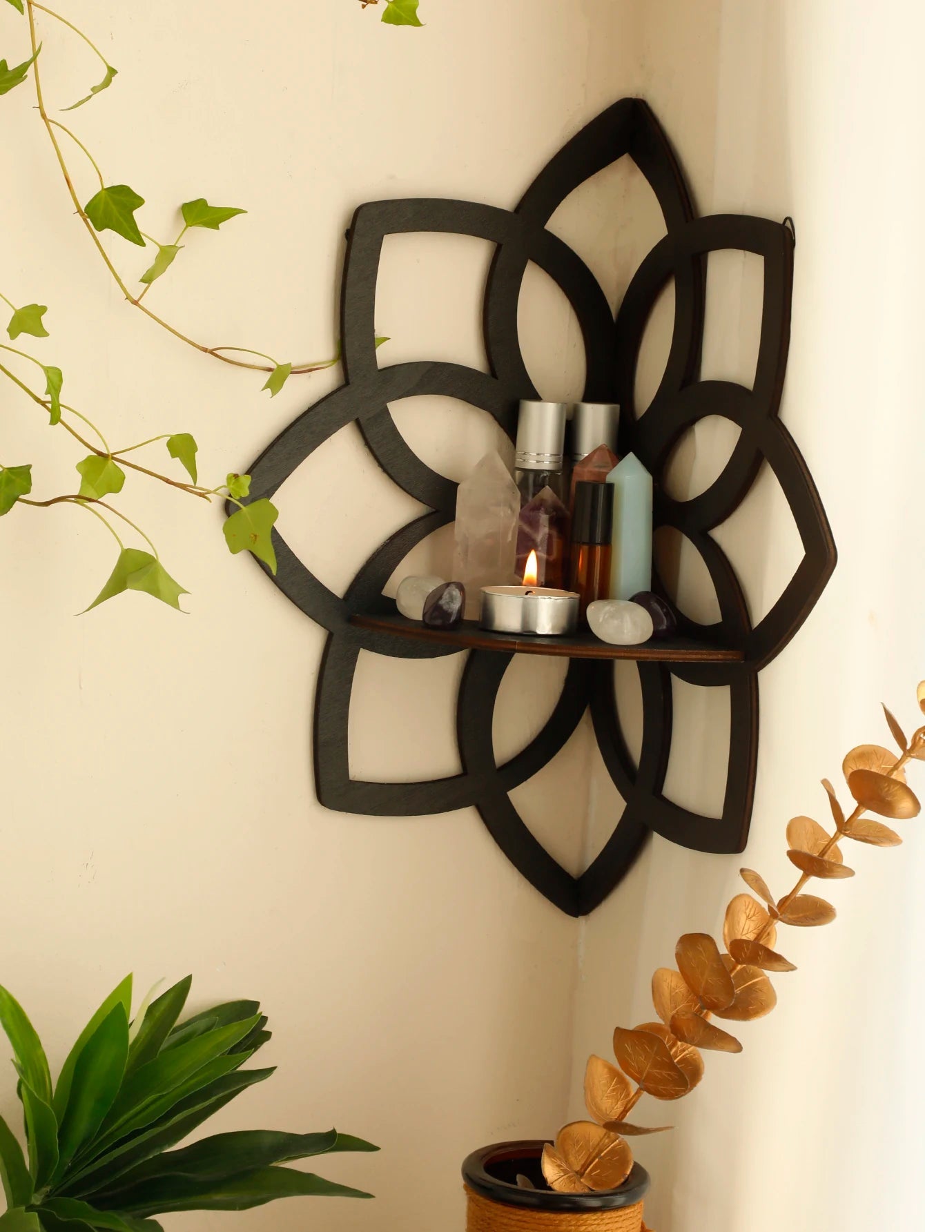 Black Flower Wooden Shelf Wall Mounted Corner Shelf Crystal Stone Display Stand Wall Shelves Wall Decor Room Decors Aesthetic acacuss