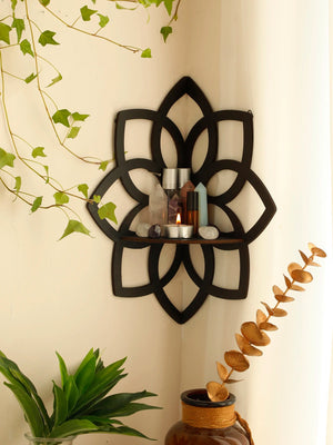 Black Flower Wooden Shelf Wall Mounted Corner Shelf Crystal Stone Display Stand Wall Shelves Wall Decor Room Decors Aesthetic acacuss
