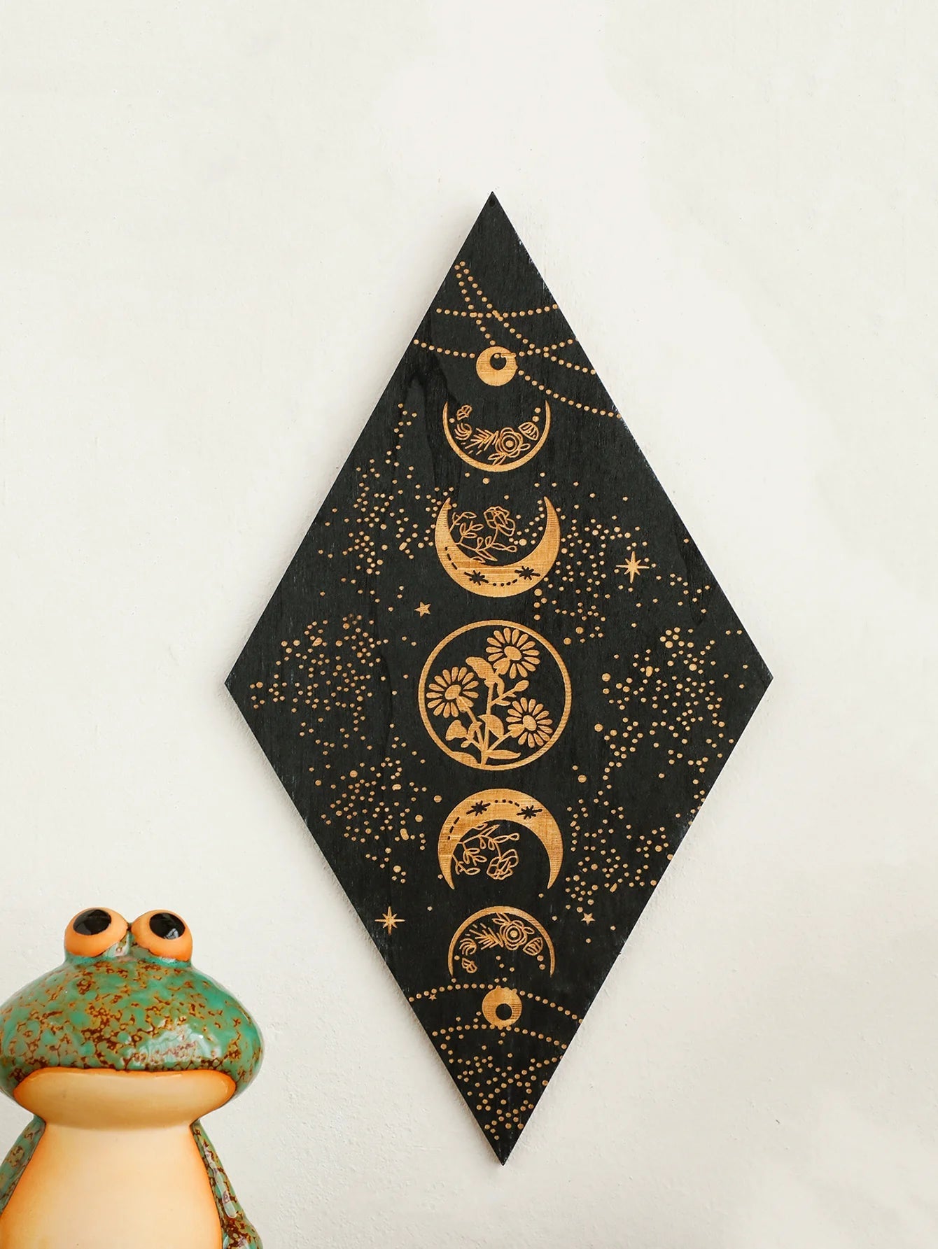 Black Moon Phase Wooden Wall Decor Rhomboid Wall Art Boho Home Decoration Witch Wall Hanging Decor Room Decors Aesthetic Gift acacuss