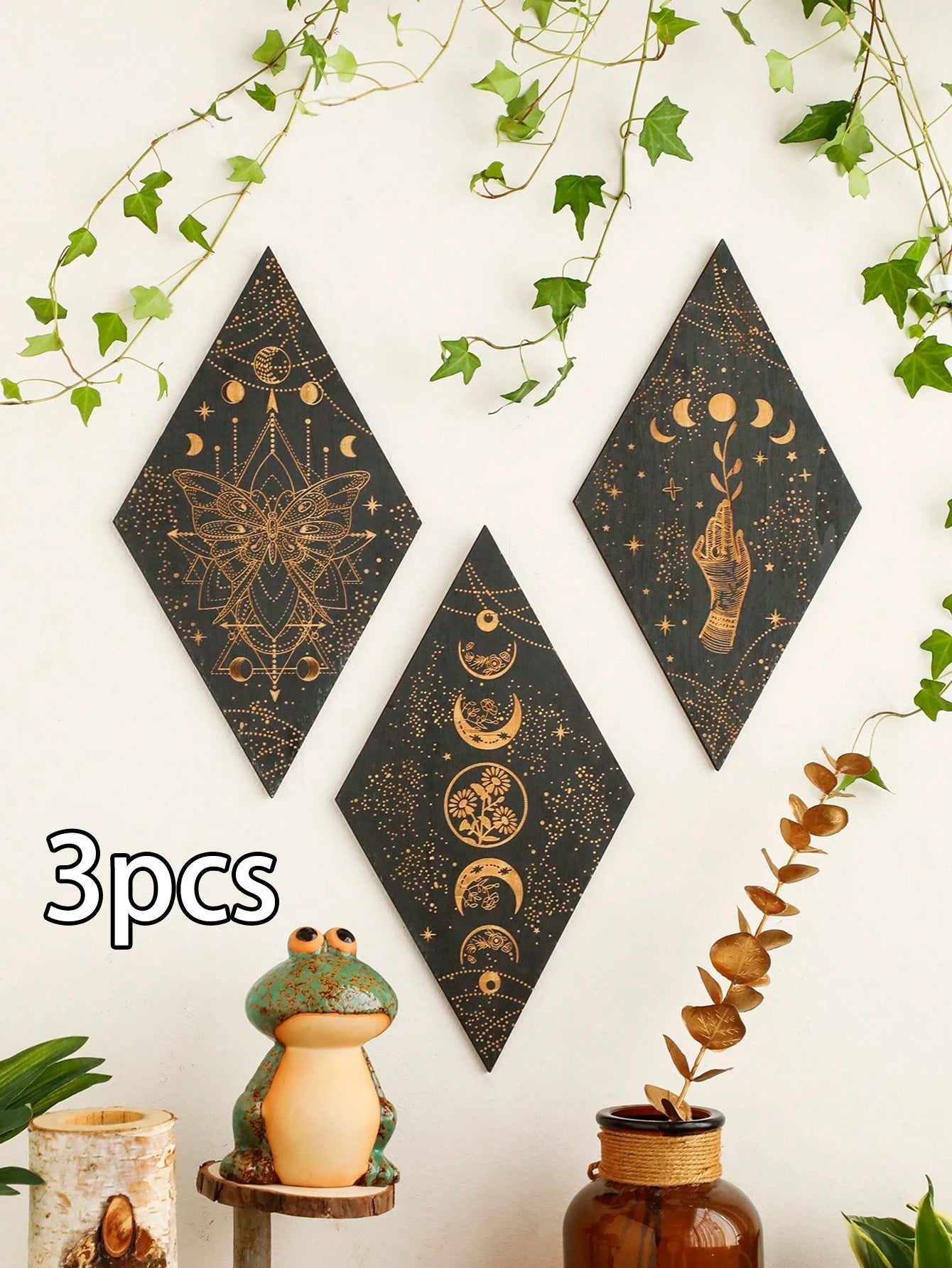Black Moon Phase Wooden Wall Decor Rhomboid Wall Art Boho Home Decoration Witch Wall Hanging Decor Room Decors Aesthetic Gift acacuss