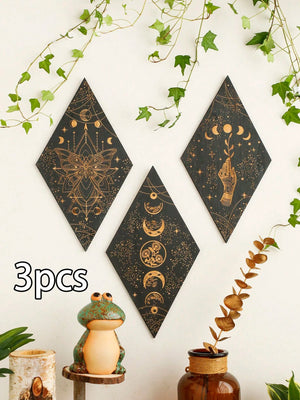 Black Moon Phase Wooden Wall Decor Rhomboid Wall Art Boho Home Decoration Witch Wall Hanging Decor Room Decors Aesthetic Gift acacuss