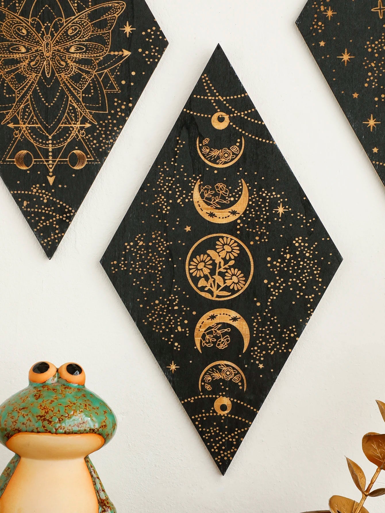 Black Moon Phase Wooden Wall Decor Rhomboid Wall Art Boho Home Decoration Witch Wall Hanging Decor Room Decors Aesthetic Gift acacuss
