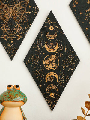 Black Moon Phase Wooden Wall Decor Rhomboid Wall Art Boho Home Decoration Witch Wall Hanging Decor Room Decors Aesthetic Gift acacuss