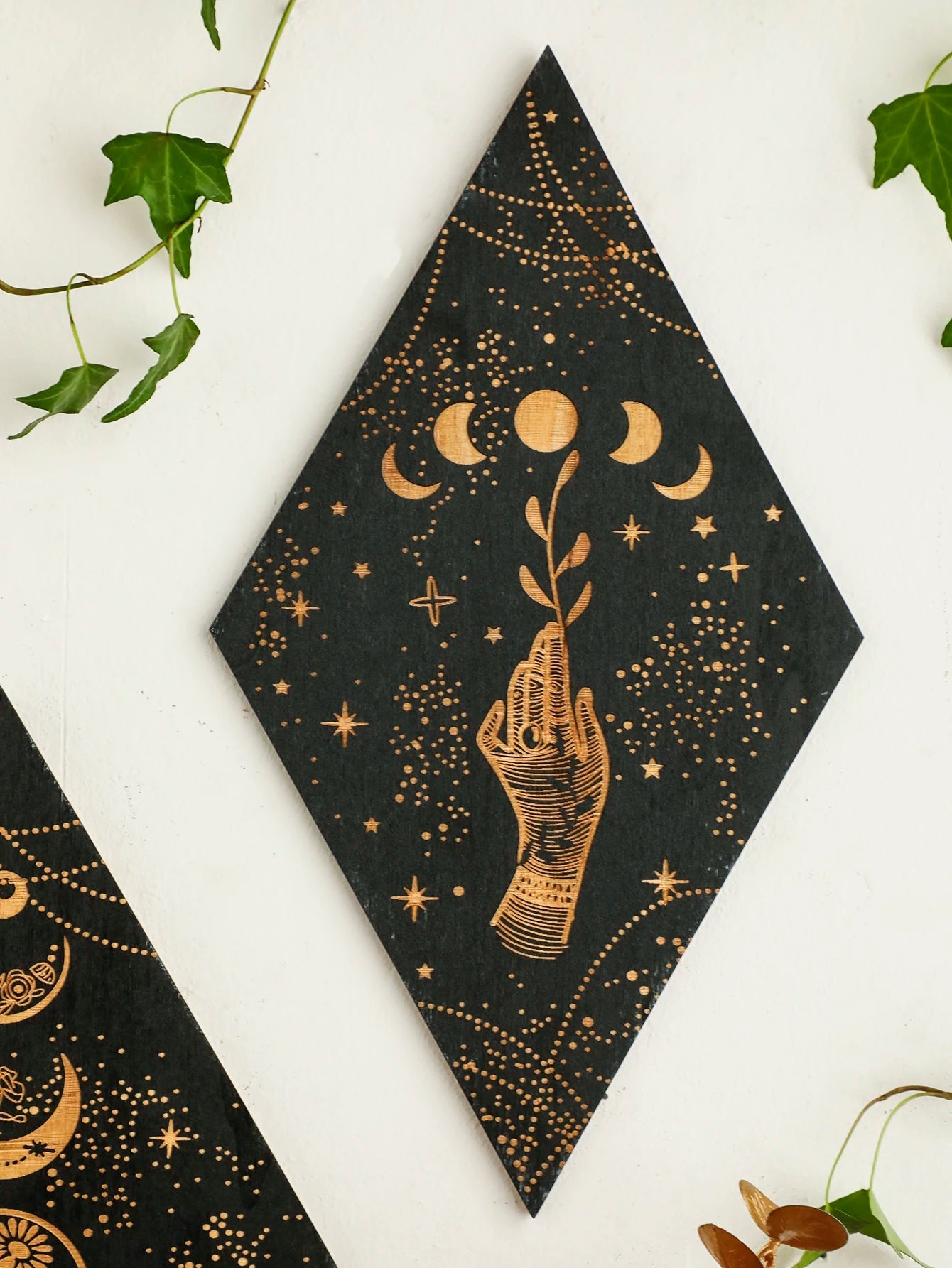 Black Moon Phase Wooden Wall Decor Rhomboid Wall Art Boho Home Decoration Witch Wall Hanging Decor Room Decors Aesthetic Gift acacuss