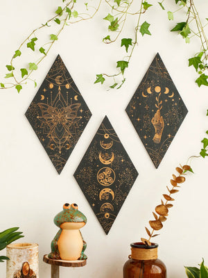 Black Moon Phase Wooden Wall Decor Rhomboid Wall Art Boho Home Decoration Witch Wall Hanging Decor Room Decors Aesthetic Gift acacuss