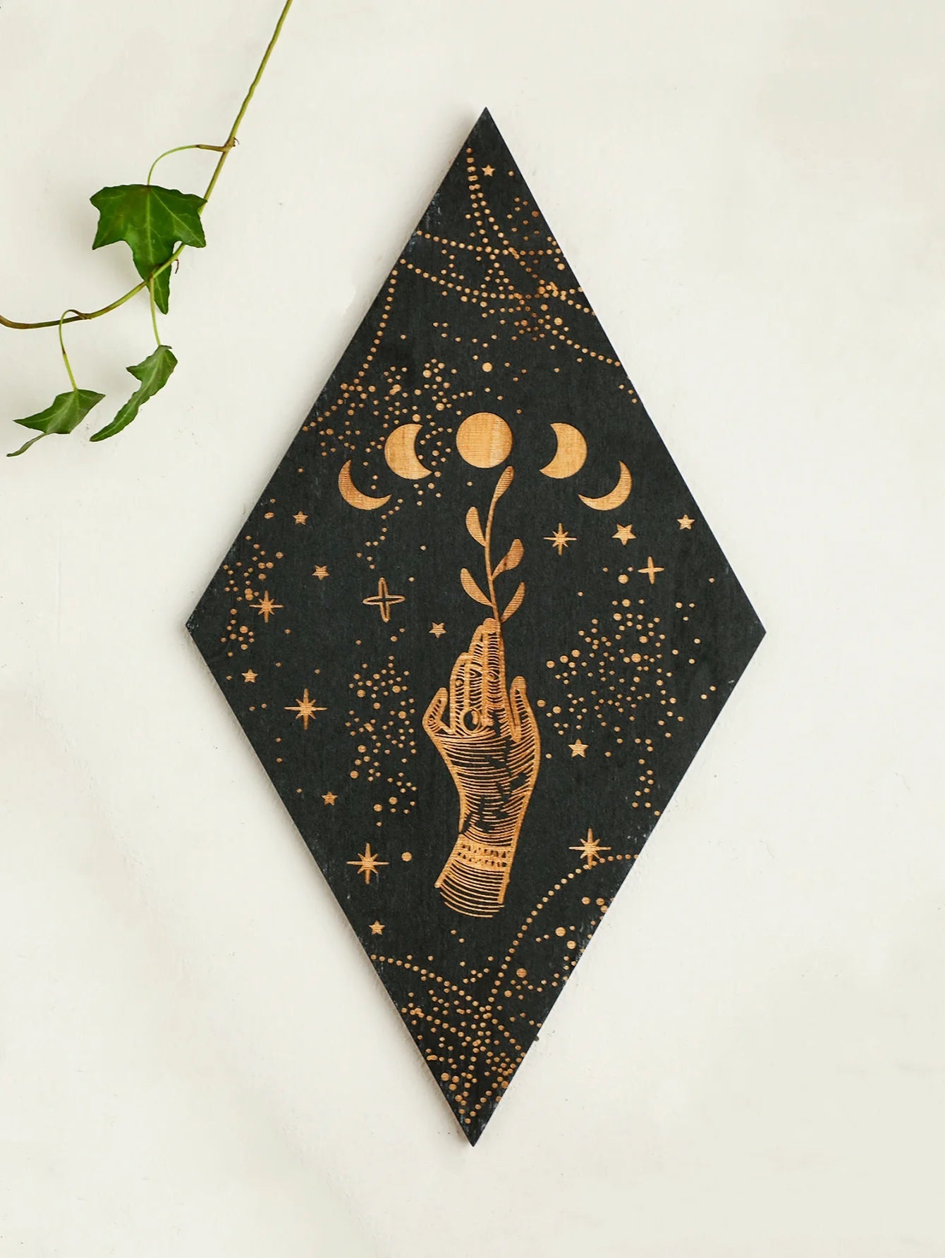 Black Moon Phase Wooden Wall Decor Rhomboid Wall Art Boho Home Decoration Witch Wall Hanging Decor Room Decors Aesthetic Gift acacuss