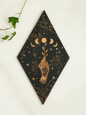 Black Moon Phase Wooden Wall Decor Rhomboid Wall Art Boho Home Decoration Witch Wall Hanging Decor Room Decors Aesthetic Gift acacuss