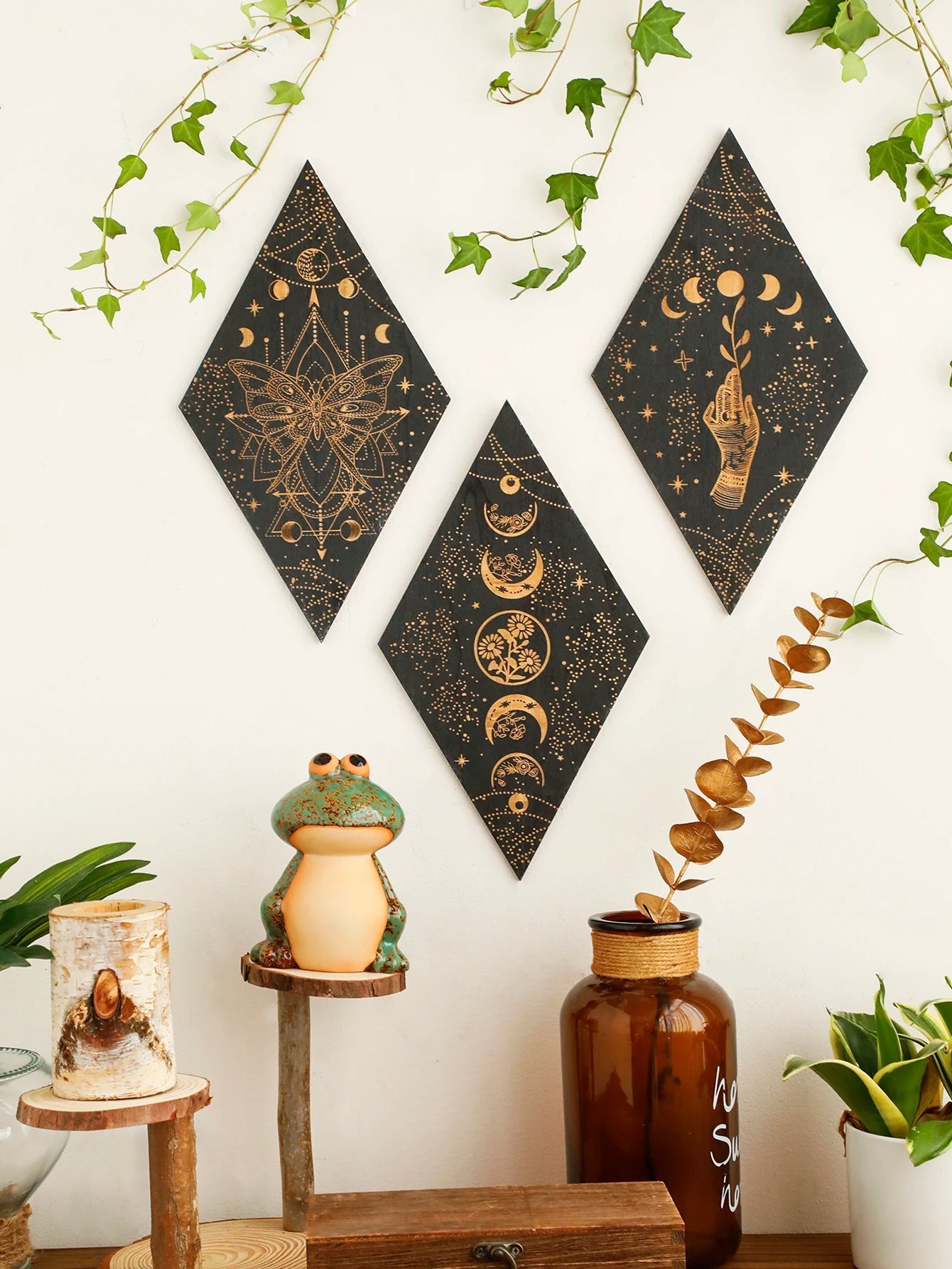 Black Moon Phase Wooden Wall Decor Rhomboid Wall Art Boho Home Decoration Witch Wall Hanging Decor Room Decors Aesthetic Gift acacuss