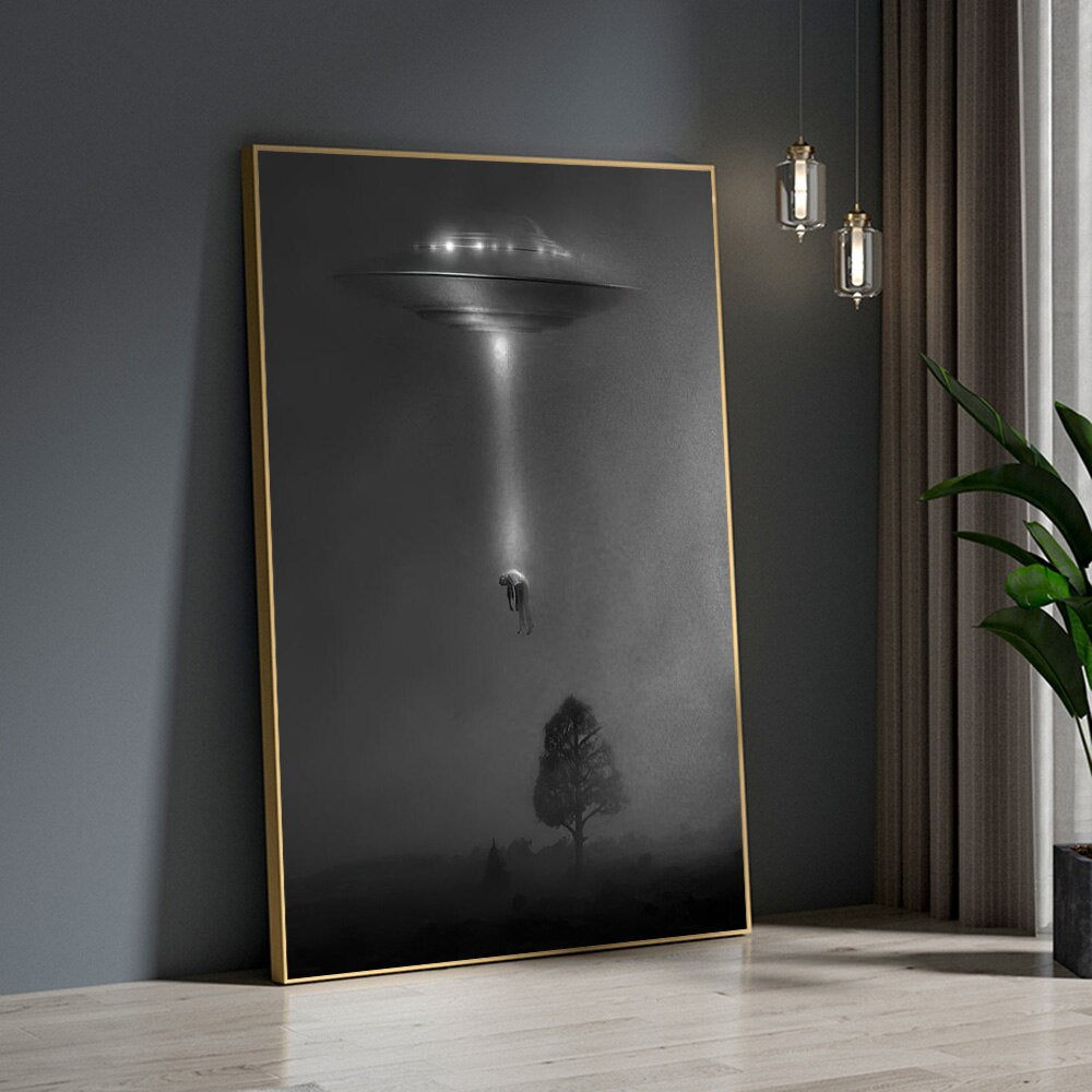 Black Night UFO Dim Style Poster Canvas Art Prints Alien Flying Saucer Arrest People Weird Wall Painting Decoration For Room acacuss