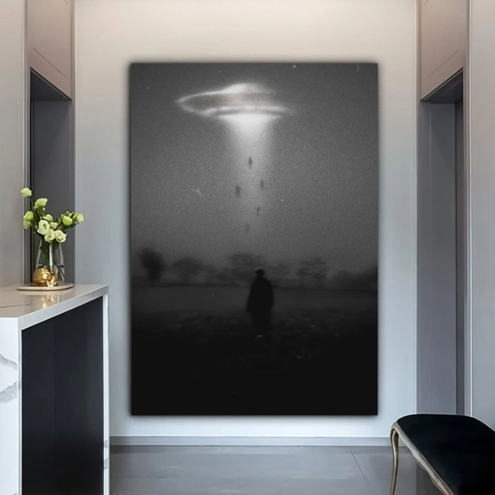 Black Night UFO Dim Style Poster Canvas Art Prints Alien Flying Saucer Arrest People Weird Wall Painting Decoration For Room acacuss