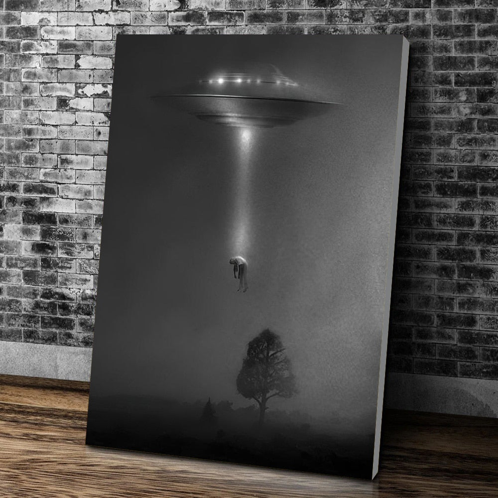 Black Night UFO Dim Style Poster Canvas Art Prints Alien Flying Saucer Arrest People Weird Wall Painting Decoration For Room acacuss