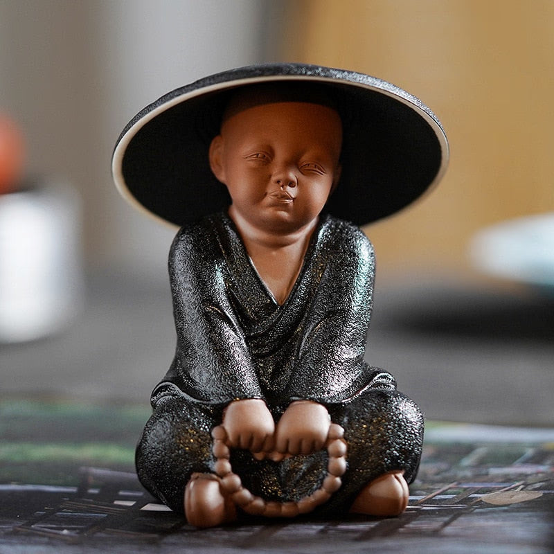Black Pottery Buddhist Monks Miniature Figurines Buddha Statue Sculpture Fairy Ornaments Meditation Home Garden Docor Decoration acacuss