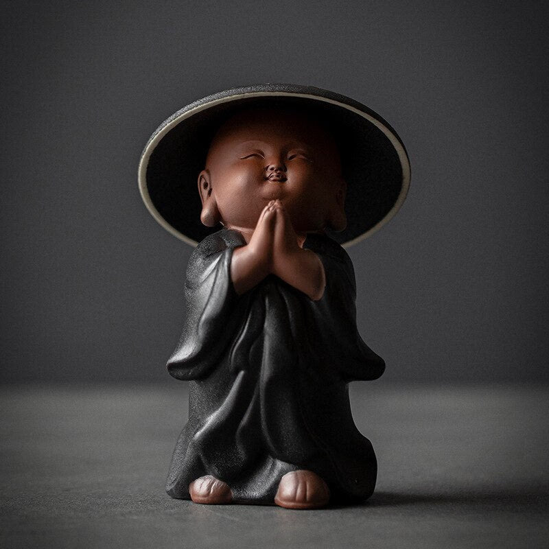 Black Pottery Buddhist Monks Miniature Figurines Buddha Statue Sculpture Fairy Ornaments Meditation Home Garden Docor Decoration acacuss