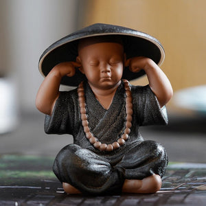 Black Pottery Buddhist Monks Miniature Figurines Buddha Statue Sculpture Fairy Ornaments Meditation Home Garden Docor Decoration acacuss