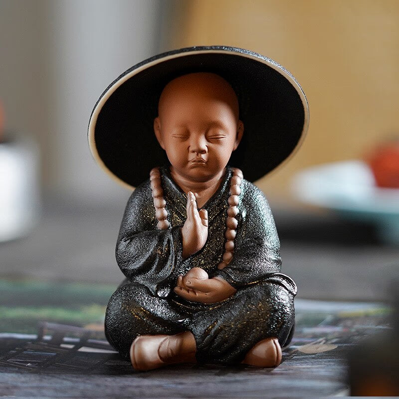Black Pottery Buddhist Monks Miniature Figurines Buddha Statue Sculpture Fairy Ornaments Meditation Home Garden Docor Decoration acacuss