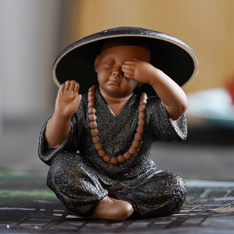 Black Pottery Buddhist Monks Miniature Figurines Buddha Statue Sculpture Fairy Ornaments Meditation Home Garden Docor Decoration acacuss