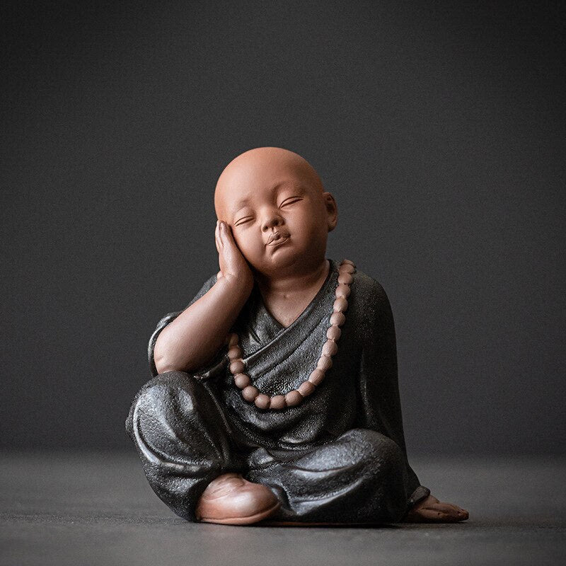 Black Pottery Buddhist Monks Miniature Figurines Buddha Statue Sculpture Fairy Ornaments Meditation Home Garden Docor Decoration acacuss