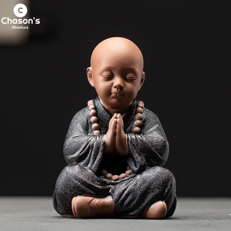 Black Pottery Buddhist Monks Miniature Figurines Buddha Statue Sculpture Fairy Ornaments Meditation Home Garden Docor Decoration acacuss