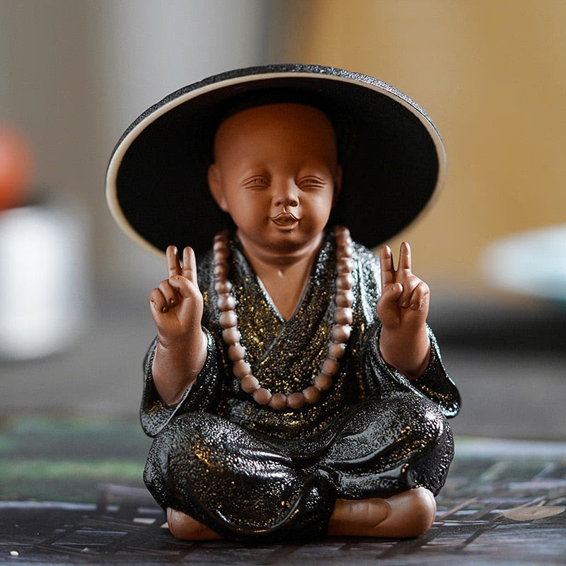 Black Pottery Buddhist Monks Miniature Figurines Buddha Statue Sculpture Fairy Ornaments Meditation Home Garden Docor Decoration acacuss