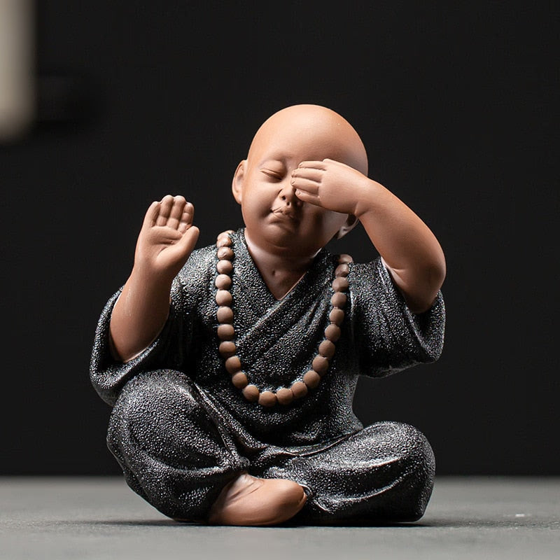 Black Pottery Buddhist Monks Miniature Figurines Buddha Statue Sculpture Fairy Ornaments Meditation Home Garden Docor Decoration acacuss
