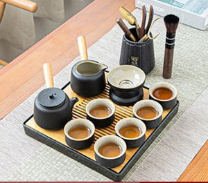 Black Pottery Tea Ceremony Set Ceramic Kung Fu Teapot Set Zen Style Tea Service Set with Tea Caddy, Gift Set acacuss