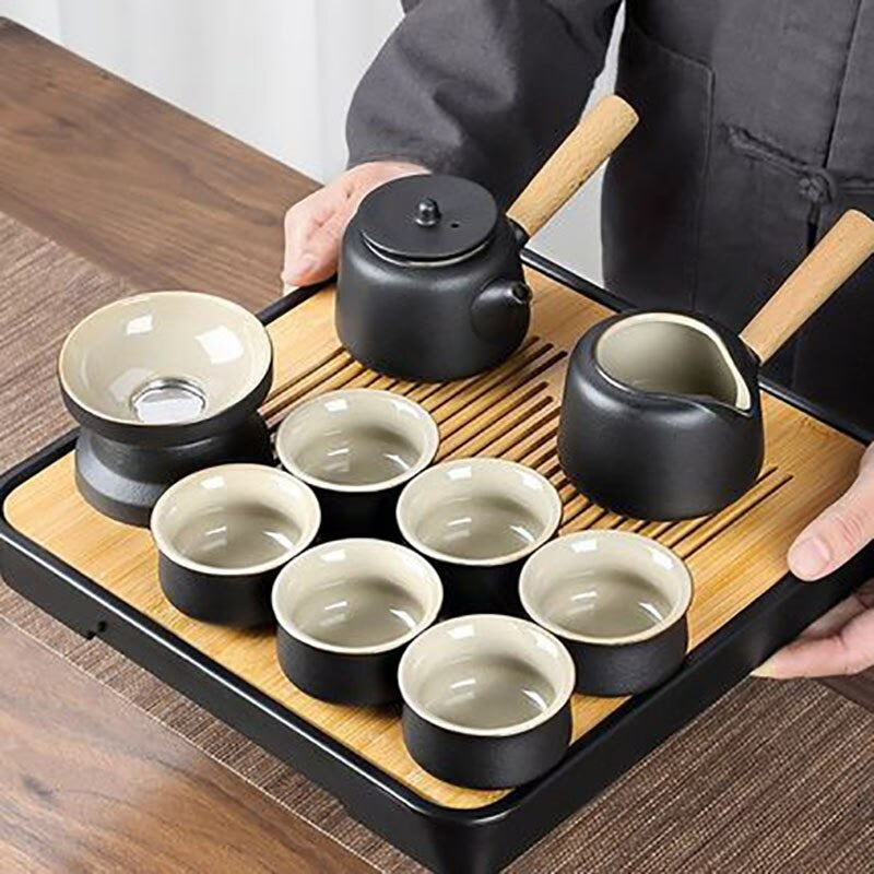 Black Pottery Tea Ceremony Set Ceramic Kung Fu Teapot Set Zen Style Tea Service Set with Tea Caddy, Gift Set acacuss