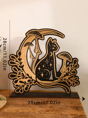 Black Wooden Mushroom Cat Moon Tabletop Decoration Desk Accessories Home Decor Nordic Office Home Decorations Desktop Ornament acacuss