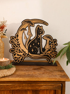 Black Wooden Mushroom Cat Moon Tabletop Decoration Desk Accessories Home Decor Nordic Office Home Decorations Desktop Ornament acacuss