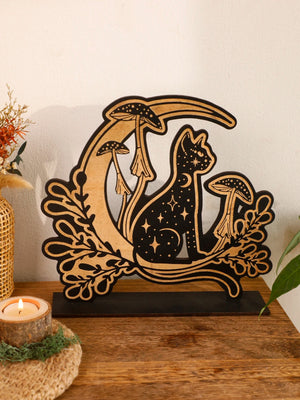 Black Wooden Mushroom Cat Moon Tabletop Decoration Desk Accessories Home Decor Nordic Office Home Decorations Desktop Ornament acacuss