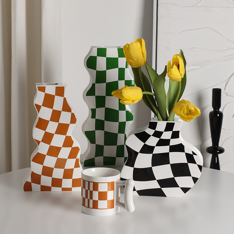 Black and White Ceramic Vase Decoration Checkerboard High Sense Dried Flower Vase Living Room Flower Arrangement Home Decoration acacuss