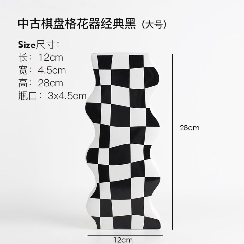 Black and White Ceramic Vase Decoration Checkerboard High Sense Dried Flower Vase Living Room Flower Arrangement Home Decoration acacuss