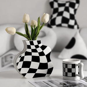 Black and White Ceramic Vase Decoration Checkerboard High Sense Dried Flower Vase Living Room Flower Arrangement Home Decoration acacuss