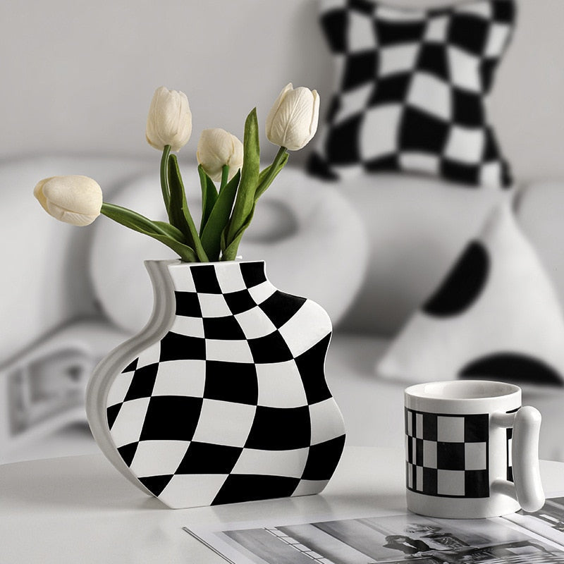 Black and White Ceramic Vase Decoration Checkerboard High Sense Dried Flower Vase Living Room Flower Arrangement Home Decoration acacuss