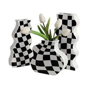 Black and White Ceramic Vase Decoration Checkerboard High Sense Dried Flower Vase Living Room Flower Arrangement Home Decoration acacuss