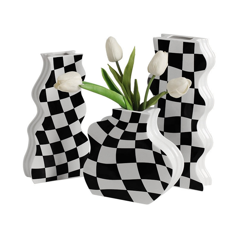 Black and White Ceramic Vase Decoration Checkerboard High Sense Dried Flower Vase Living Room Flower Arrangement Home Decoration acacuss