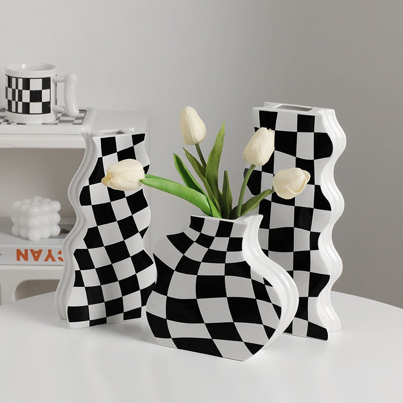 Black and White Ceramic Vase Decoration Checkerboard High Sense Dried Flower Vase Living Room Flower Arrangement Home Decoration acacuss