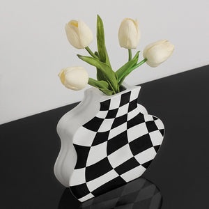 Black and White Ceramic Vase Decoration Checkerboard High Sense Dried Flower Vase Living Room Flower Arrangement Home Decoration acacuss