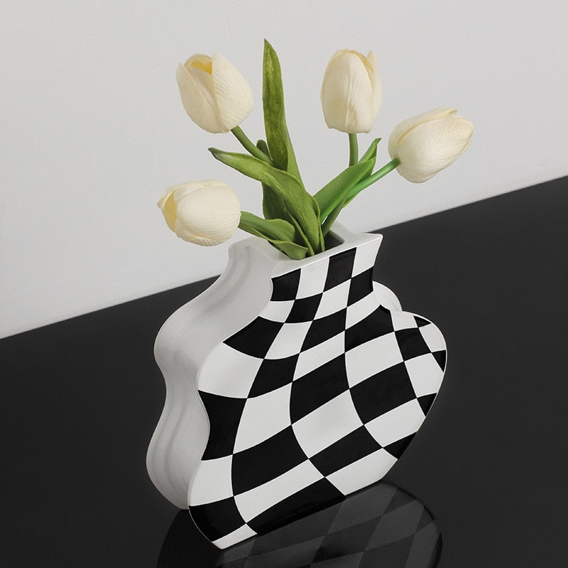 Black and White Ceramic Vase Decoration Checkerboard High Sense Dried Flower Vase Living Room Flower Arrangement Home Decoration acacuss