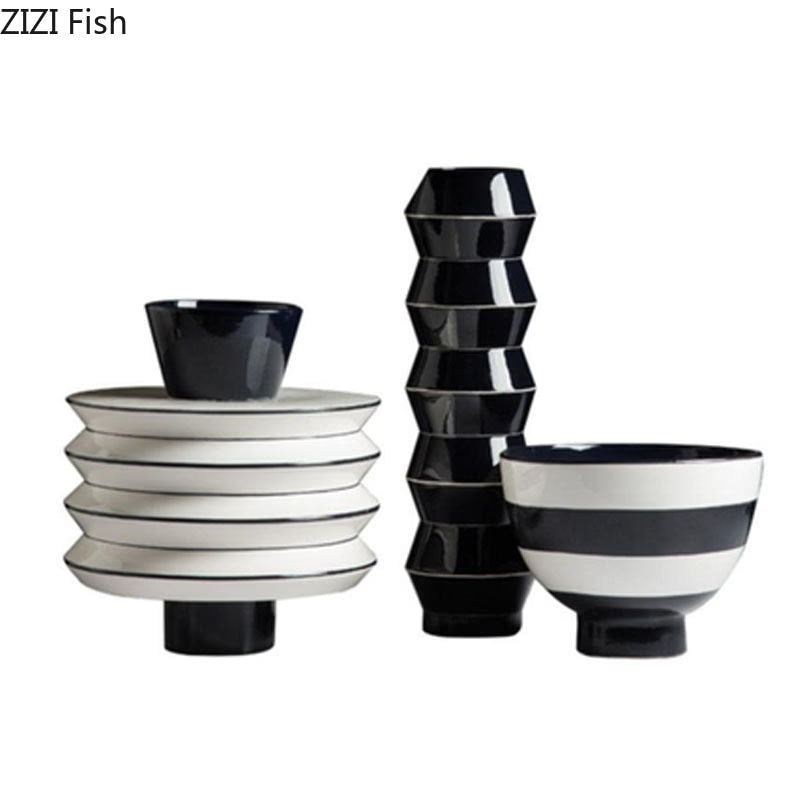 Black and White Resin Crafts Vase Desk Decoration Flowers Pots Decorative Flower Arrangement Floral Vases Modern Home Decor acacuss