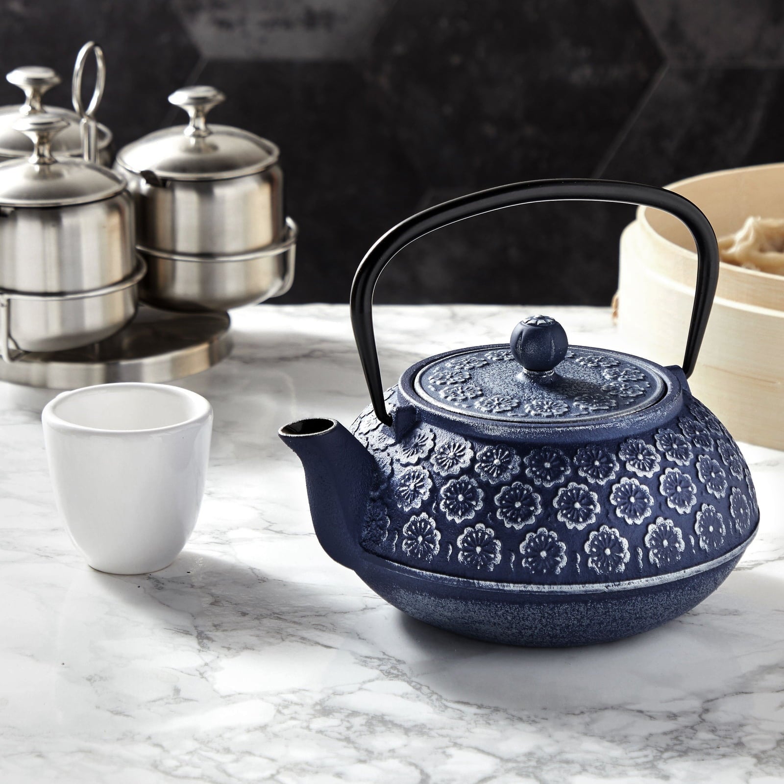 Blue Cast Iron Chinese Teapot with Infuser for Loose Leaf Tea, Includes Handle and Removable Lid, 34oz acacuss