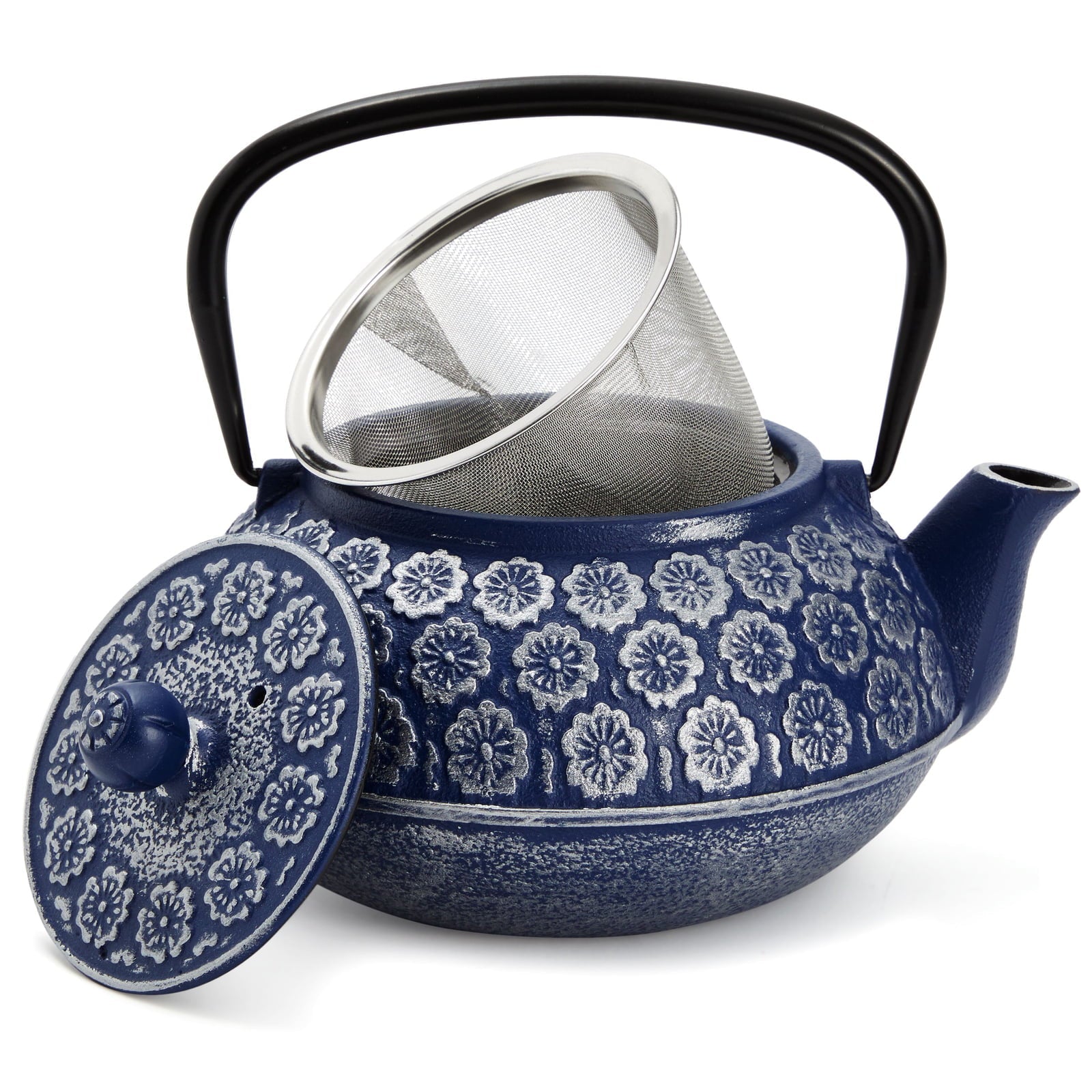 Blue Cast Iron Chinese Teapot with Infuser for Loose Leaf Tea, Includes Handle and Removable Lid, 34oz acacuss