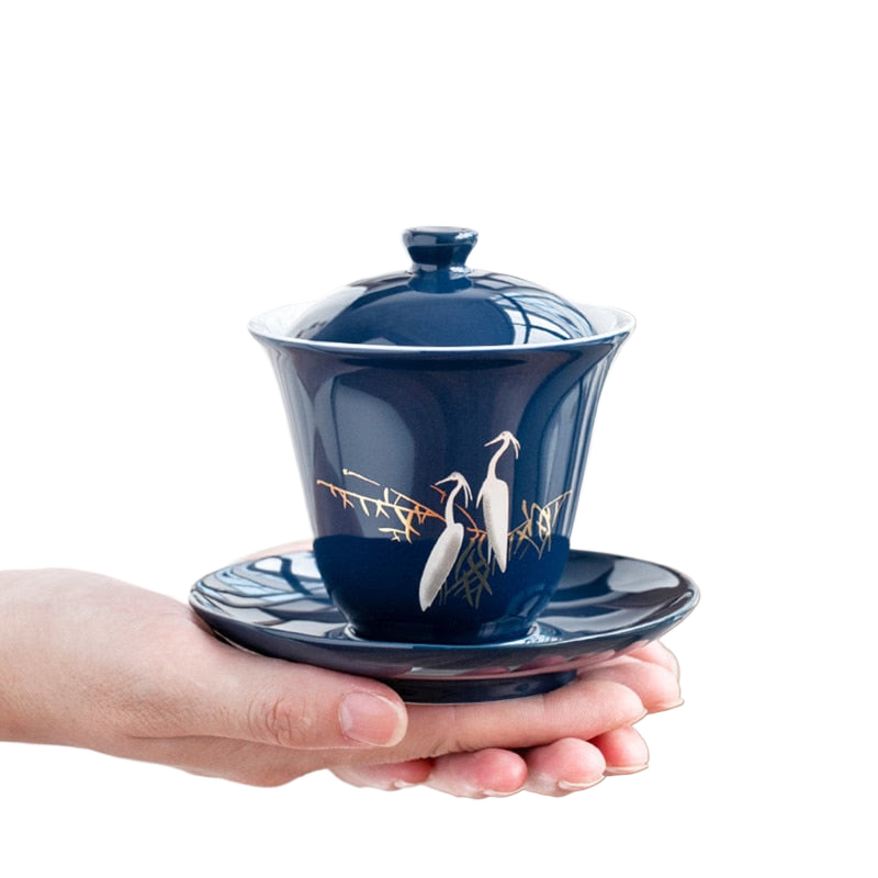 Blue Ceramic Gaiwan Tea Cup Portable Boutique Personal Tea Bowl with Lid Large Hand-grabbing Bowl Household Tea Set Accessories acacuss