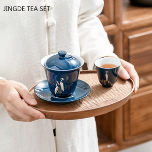 Blue Ceramic Gaiwan Tea Cup Portable Boutique Personal Tea Bowl with Lid Large Hand-grabbing Bowl Household Tea Set Accessories acacuss