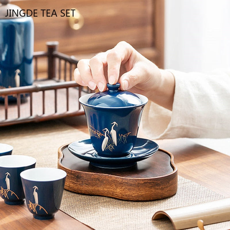 Blue Ceramic Gaiwan Tea Cup Portable Boutique Personal Tea Bowl with Lid Large Hand-grabbing Bowl Household Tea Set Accessories acacuss