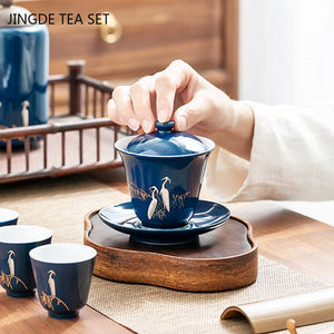 Blue Ceramic Gaiwan Tea Cup Portable Boutique Personal Tea Bowl with Lid Large Hand-grabbing Bowl Household Tea Set Accessories acacuss