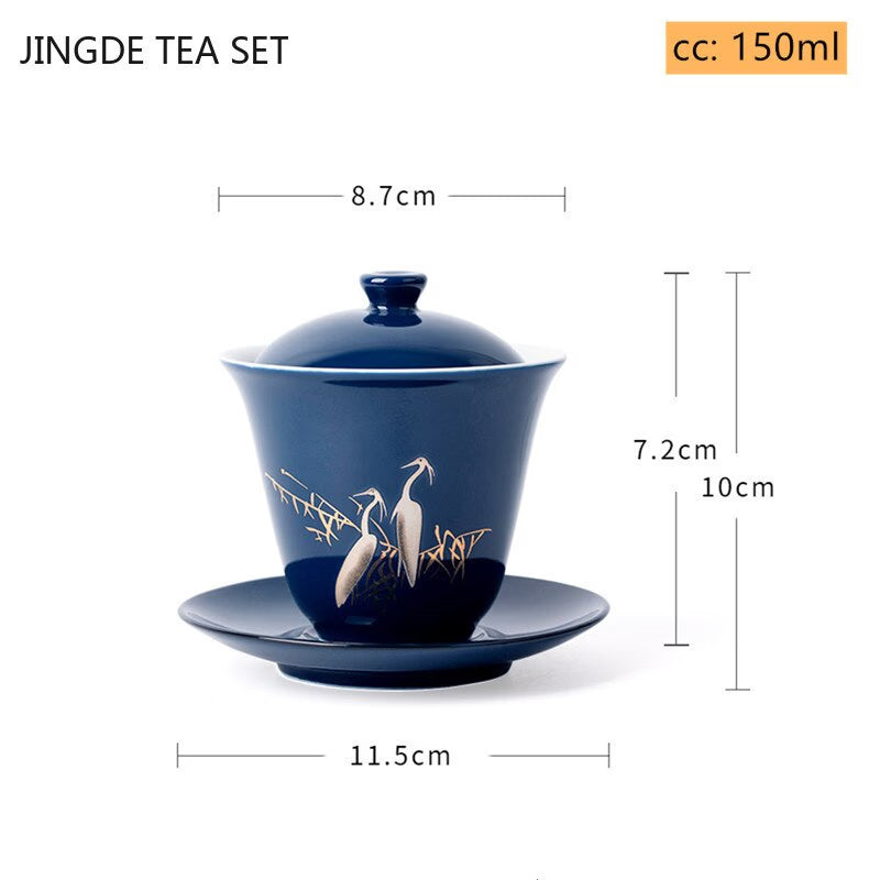 Blue Ceramic Gaiwan Tea Cup Portable Boutique Personal Tea Bowl with Lid Large Hand-grabbing Bowl Household Tea Set Accessories acacuss