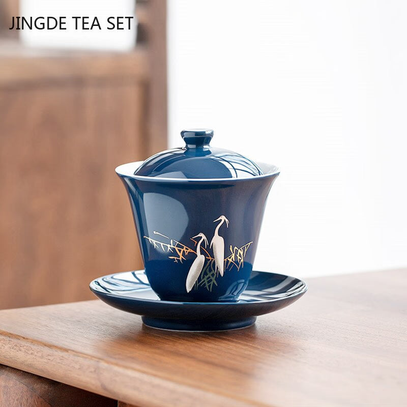Blue Ceramic Gaiwan Tea Cup Portable Boutique Personal Tea Bowl with Lid Large Hand-grabbing Bowl Household Tea Set Accessories acacuss
