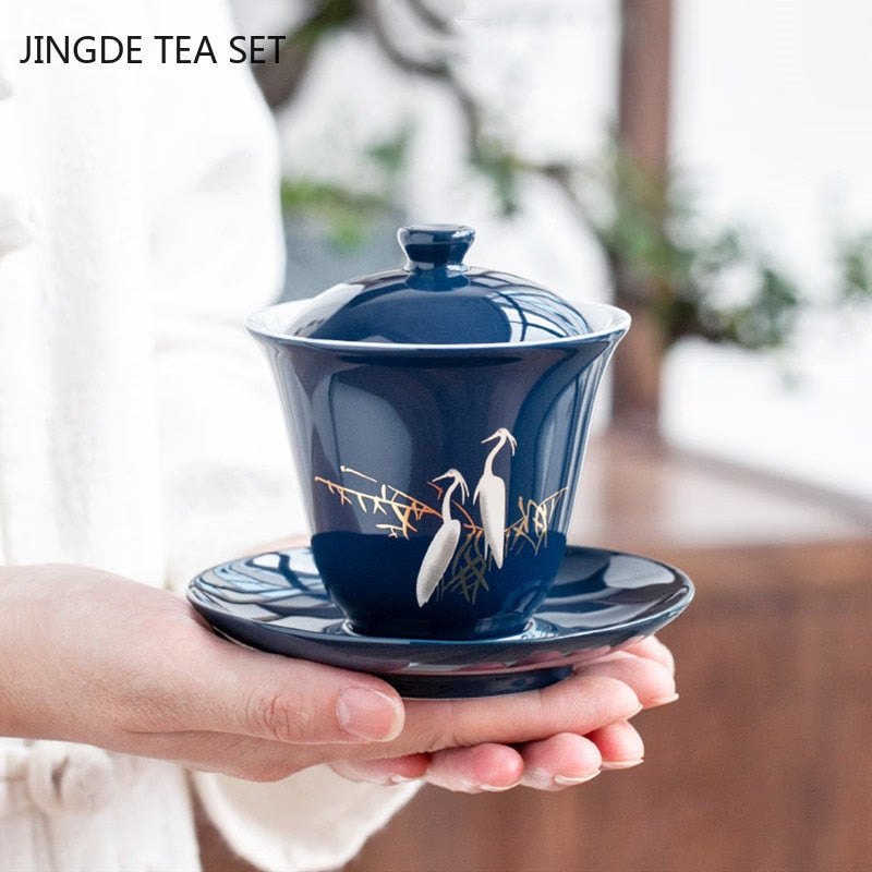Blue Ceramic Gaiwan Tea Cup Portable Boutique Personal Tea Bowl with Lid Large Hand-grabbing Bowl Household Tea Set Accessories acacuss