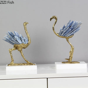 Blue Crystal Brass Ostrich Sculpture Ornaments  Abstract Crafts Living Room Furnishings Desk Decoration Creative Artwork Statue acacuss